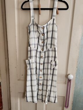 Fat Face White Dress with Black Windowpane Plaid and Button Front